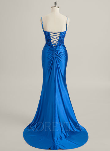 Trumpet/Mermaid V-Neck Sweep Train Lace Jersey Maxi Dresses With Sequins Pleated